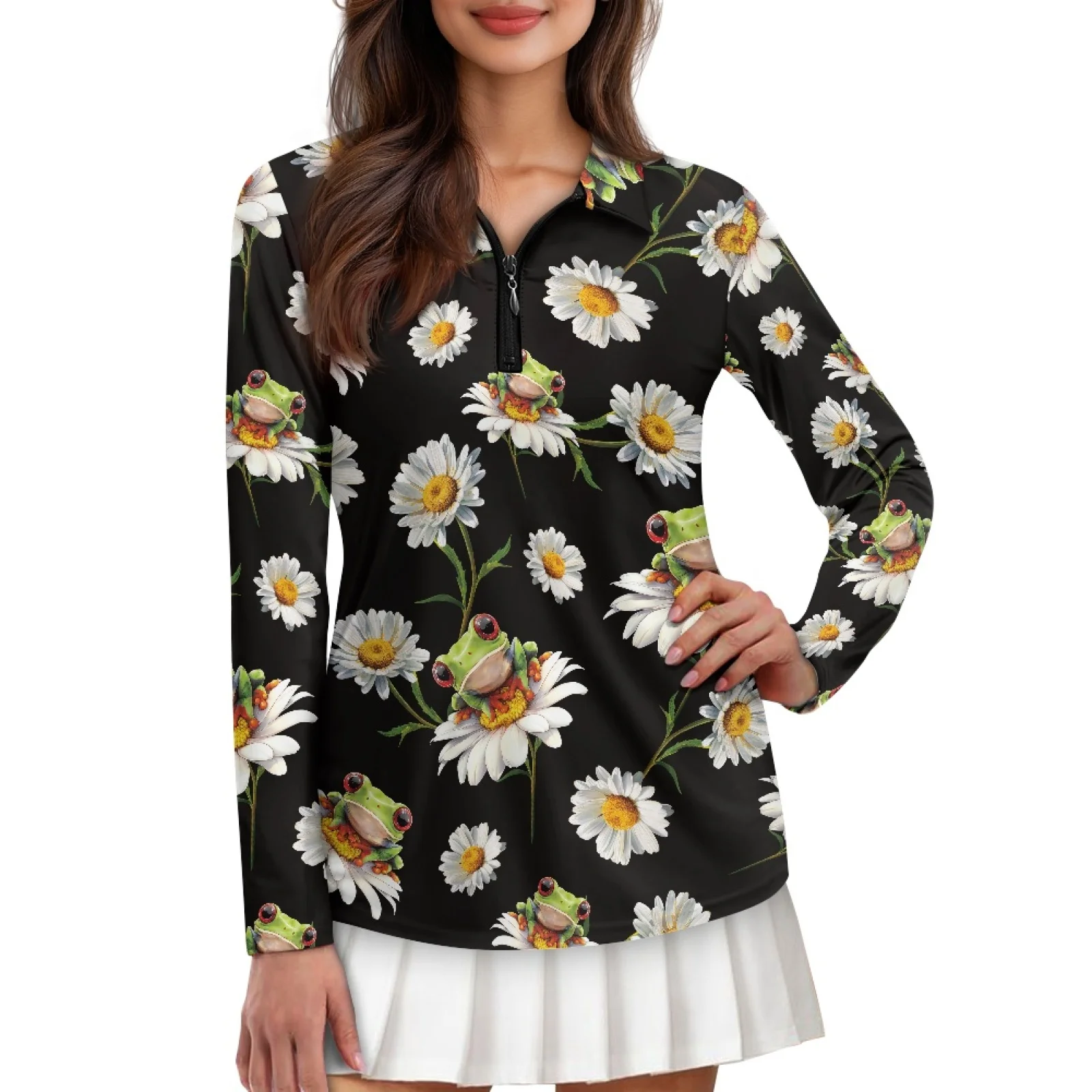 PENSTROLL Frog Floral Womens Moisture Wicking Polos Shirts for Women Stretchy Athletic Tennis Shirts for Gym