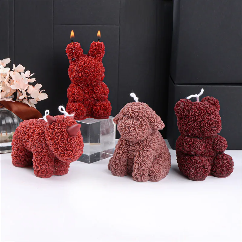 

Cute Animal with Rose Candle Silicone Mold Handmade Bear Unicorn Rabbit Dog Shape DIY Aromatherapy Candle Resin Soap Mould Gifts