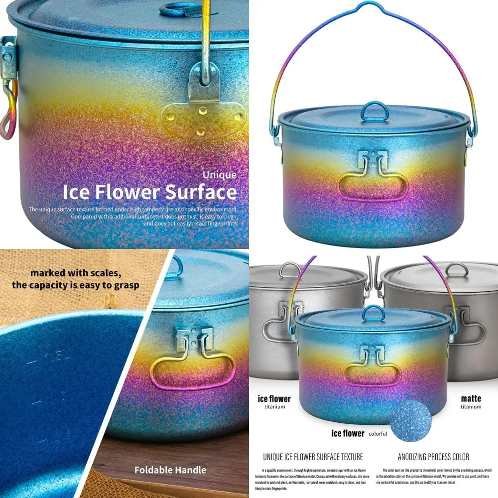 

1950ml Outdoor Titanium Pot with Lid Folding Bail Handle Ultralight Portable Kitchen Cookware Hanging ​Pot for Camping Hiking Pi