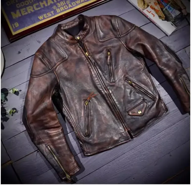 LNY Shop Best.US Classic Motor Biker Luxury genuine leather jacket.Retro Brown tea core horsehide coat.Men vintage leather cloth