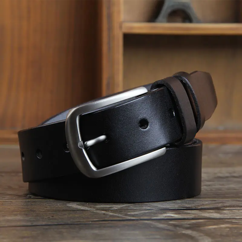 Vintage Black Top Layer Leather Belt for Men 3.4cm Wide Simple Pin Buckle Belt Genuine Leather Casual Dress Pants Waist Belt