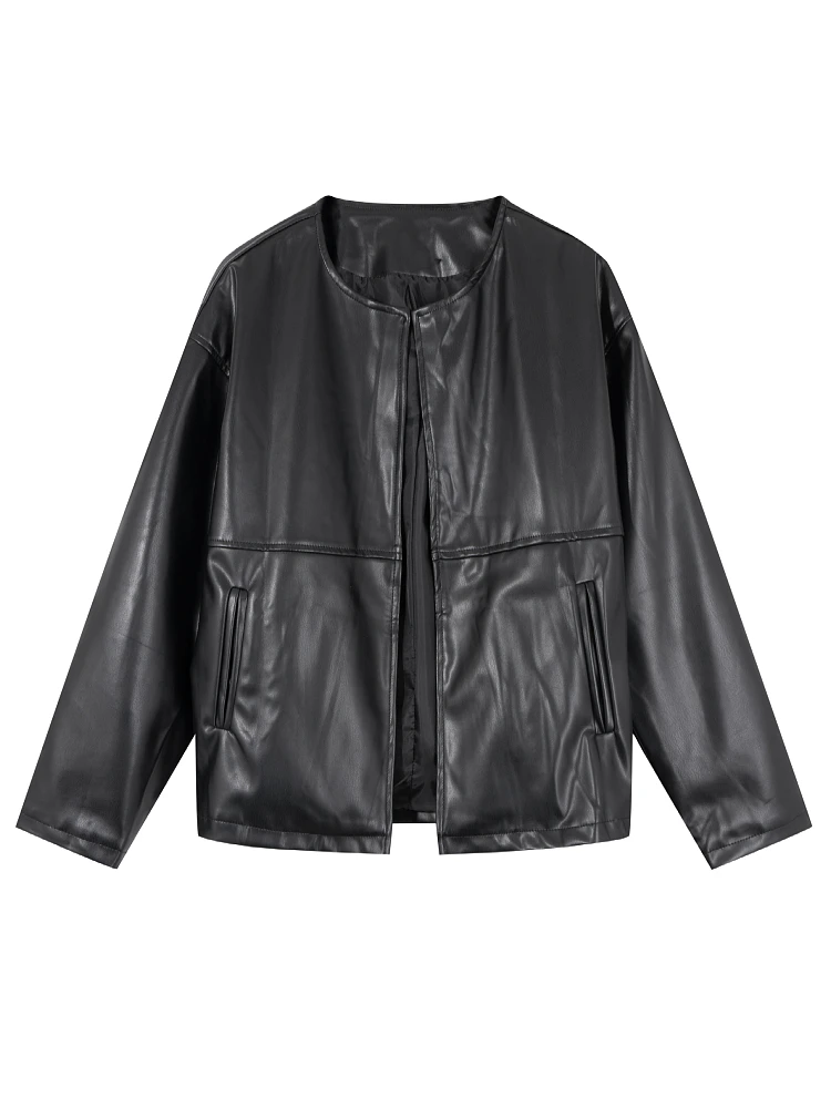 Casual Loose plus Size Women's Jaet Outerwear Bla Leather Top Commute Sle Autumn Winter New Arrival Faion Sensation