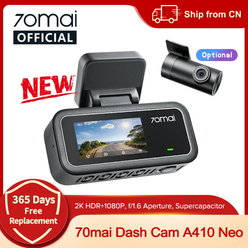 【New】70mai Dash Cam A410 Neo 1440P HDR Dual-Channel Built-in GPS f/1.6 Supercapacitor Wi-Fi 6 24H Parking Car DVR 70mai A410 Neo