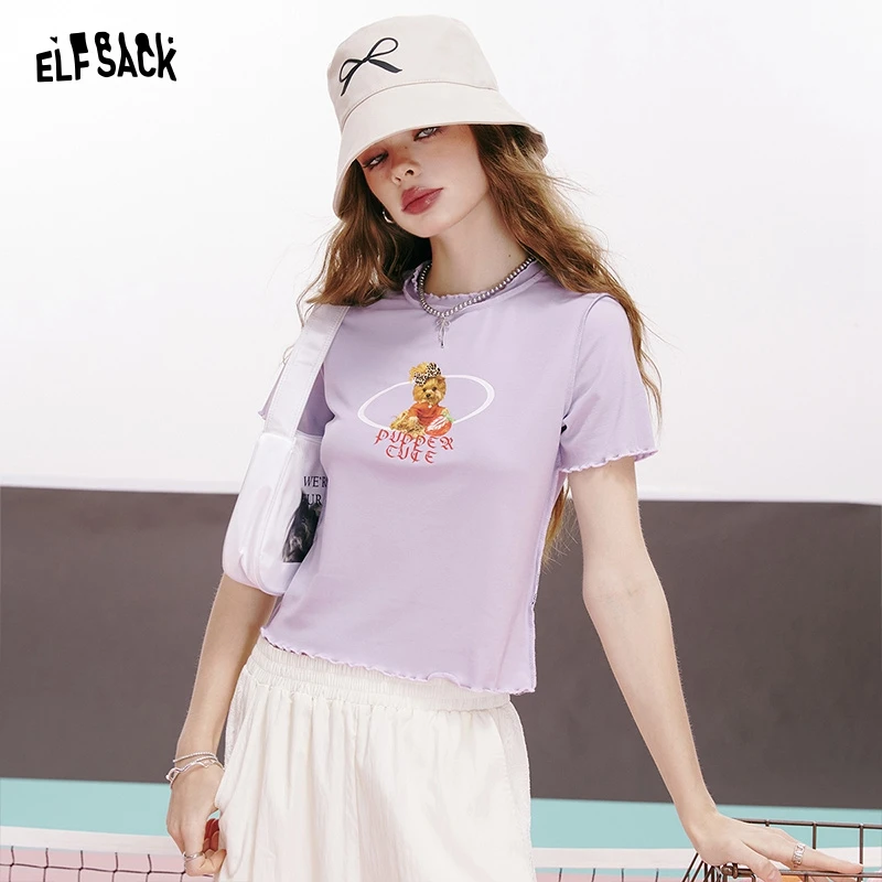 ELFSACK 2024 summer new arrival Imitation Tencel Letters Puppy Printed Ruffled Slim Fit Short Sleeve T-shirt for Women