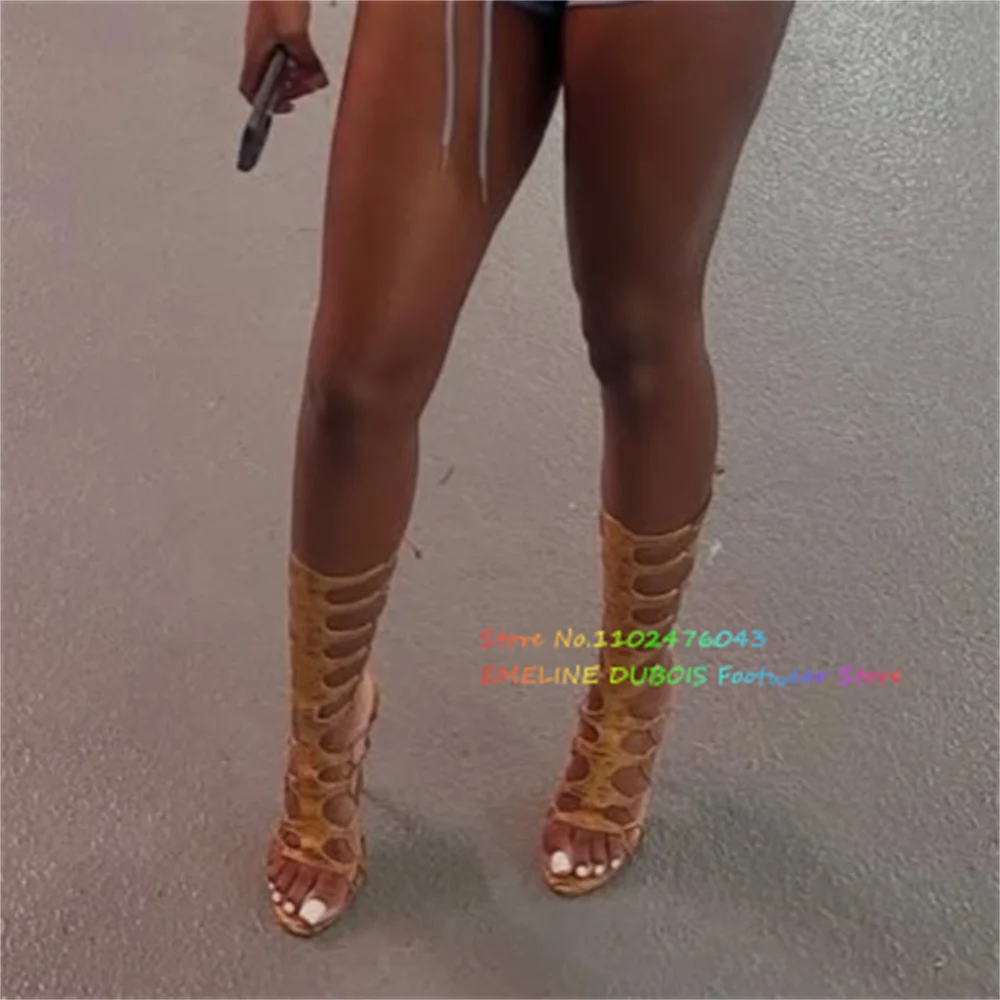 Snake Pattern High Heel Sandals Women Round Toe Sexy Stiletto Heel Hollow Out Cross Tied Lace Up Slingback Party Dress Shoes