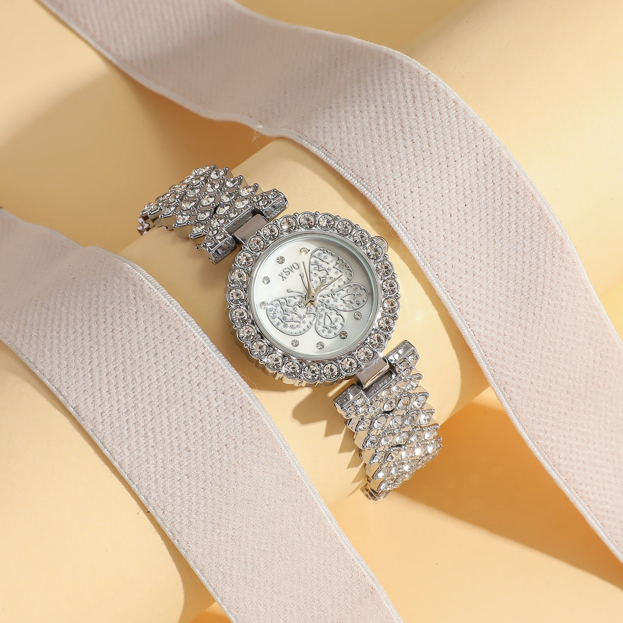 Fashion star studded diamond butterfly dial steel strap quartz watch ladies everything