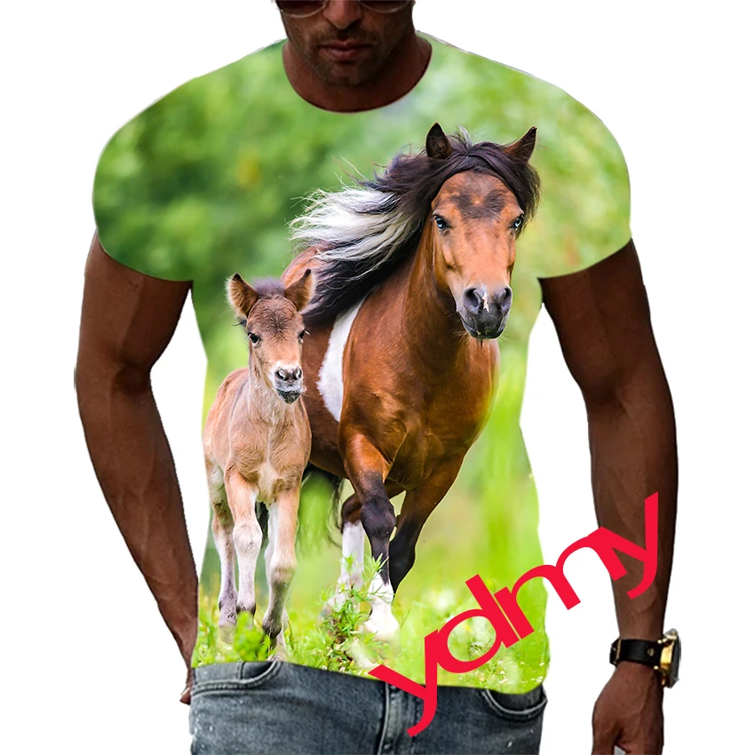 Tide Fashion Summe Fine Horse Picture Men's T-shirt Casual Print Tees Hip Hop Personality Round Neck Short Sleev Quick Drying