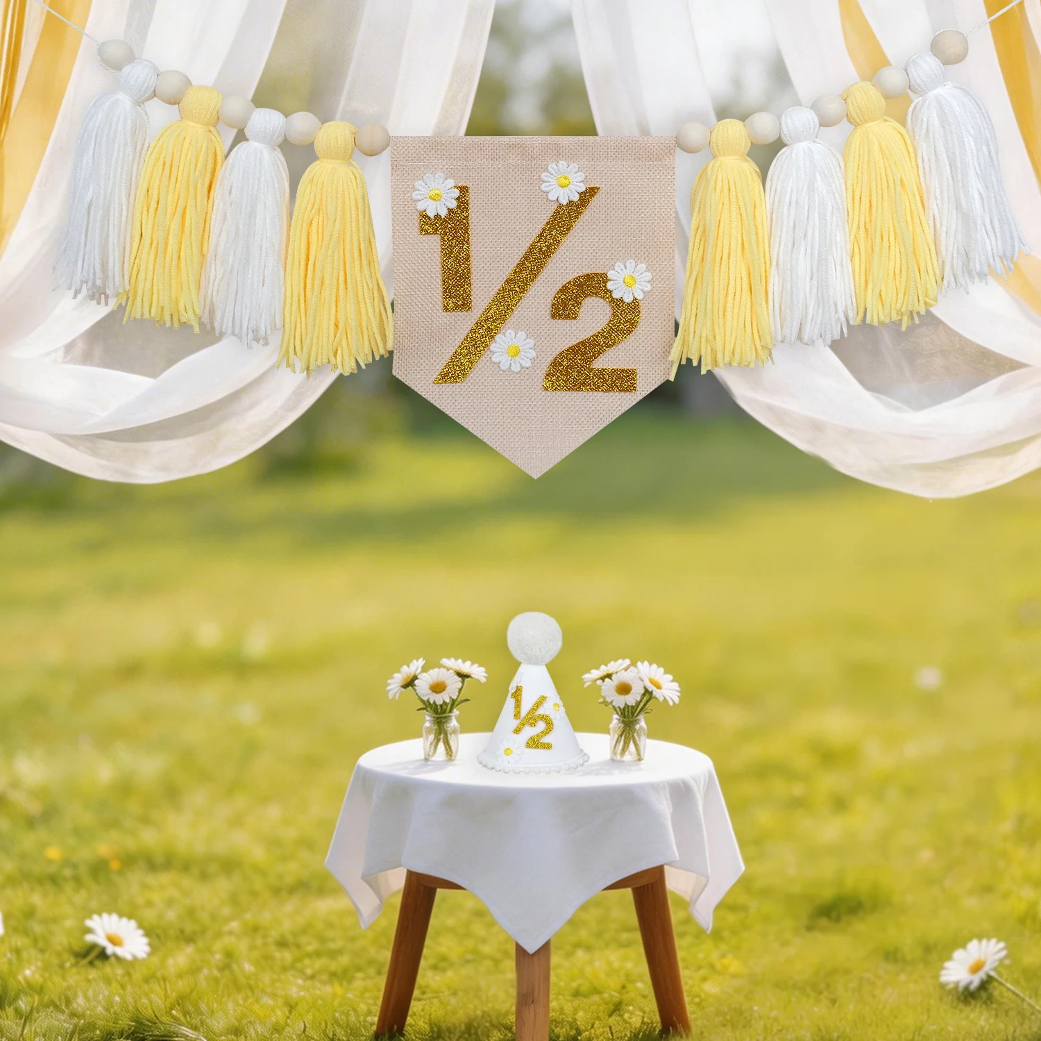 Gänseblümchen-Themen-Dekorationen für die 6. Geburtstagsfeier, Hochstuhl-Banner, Kränze, Gänseblümchen-Kegelmützen, Geburtstagstorten-Dekorationen – Detail 3