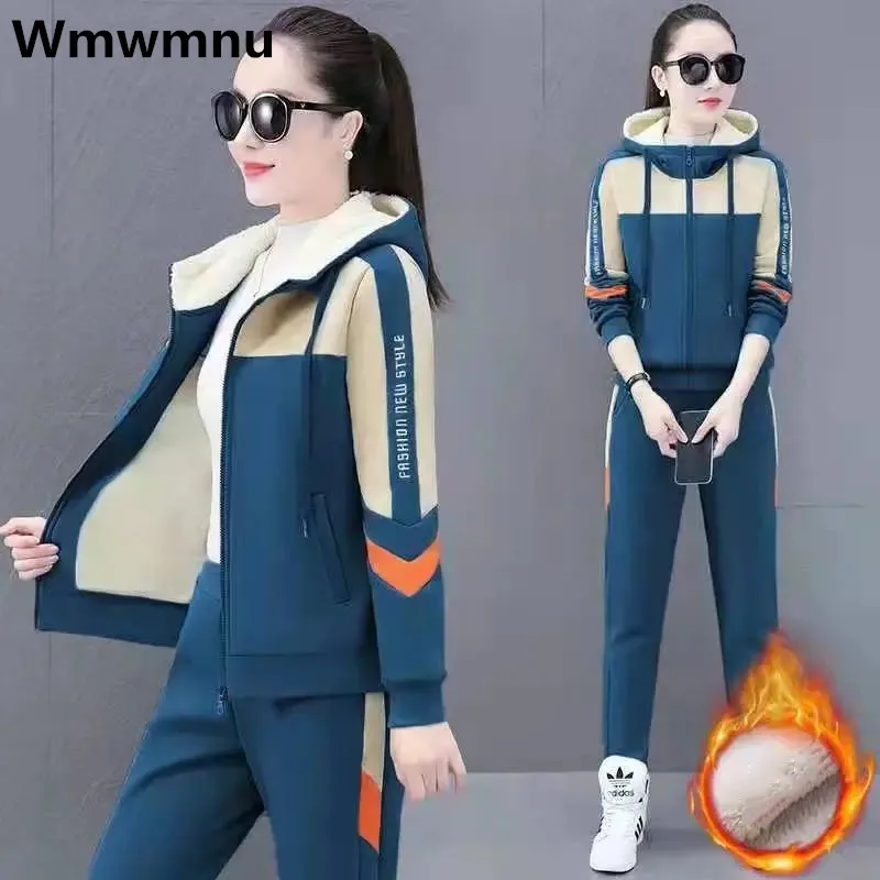 Spliced Lambwool Tracksuit Two Piece Set Casual Warm Women\'s Sweatshirt Coat Conjuntos Thicken Plush Jogger Pants Outfit Winter