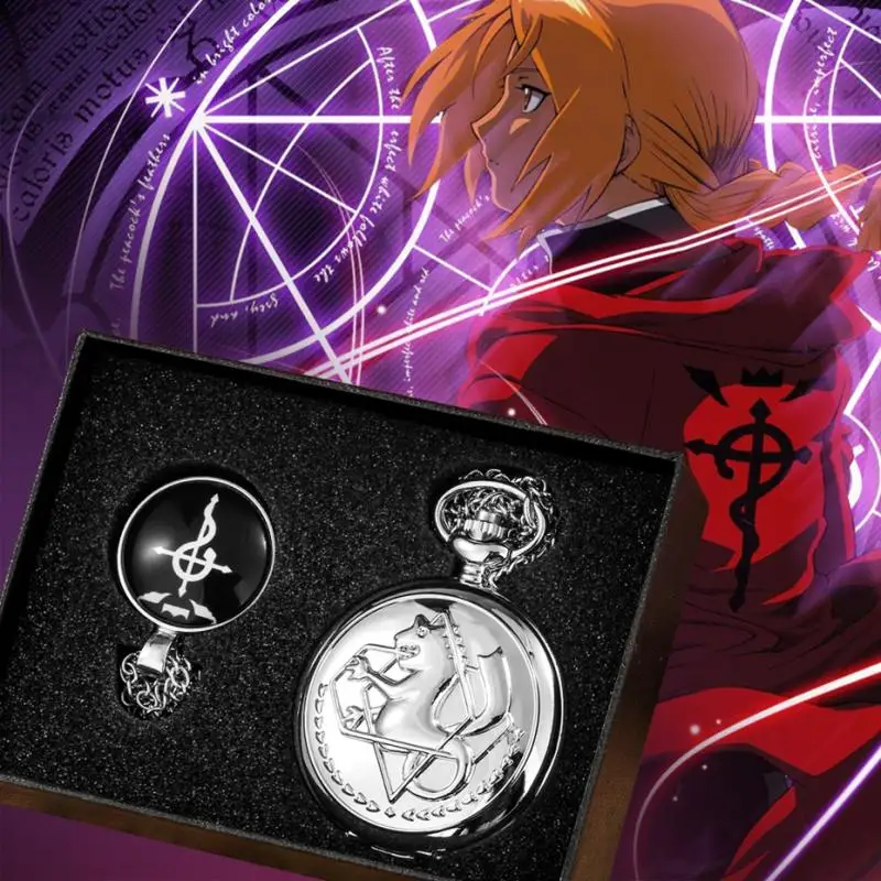 Brons Tone Fullmetal Alchemist Geschenken Sets Quartz Zakhorloge Cosplay Edward Elric Anime Hanger Ontwerp Anime Ketting Klok