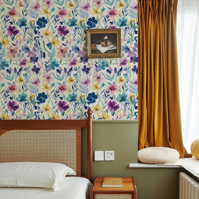 ورق جدران ملون بألوان مائية قابل للتقشير واللصق على شكل زهرة أرجوانية/زرقاء ورق اتصال ذاتي اللصق قابل للإزالة للديكور