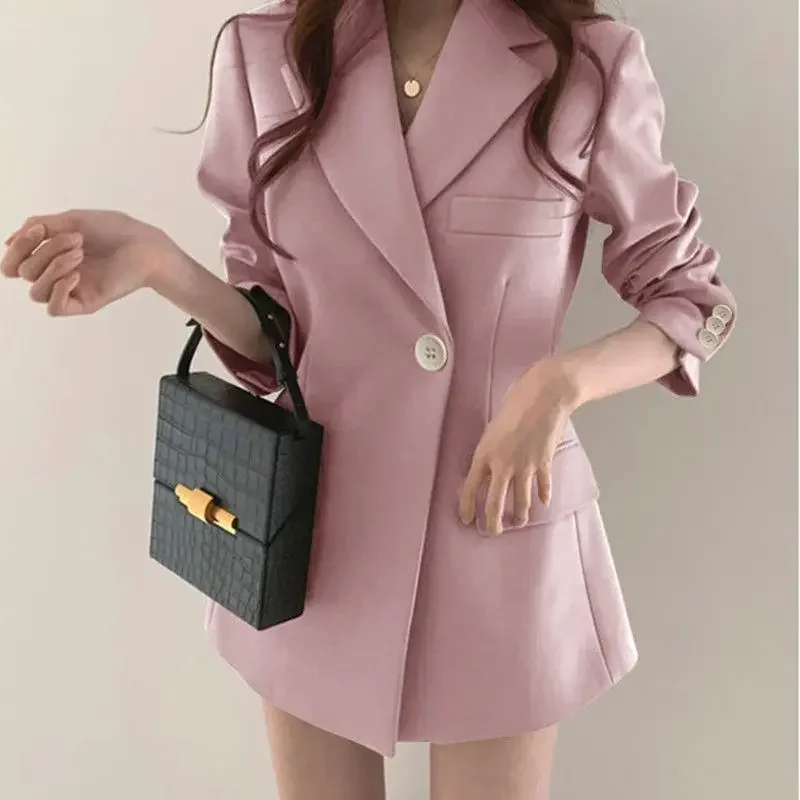 Suit Jacket for Women Autumn New Korean Long Coat with Belt Female V Neck Casual Slim Solid Coor White Women's Blazers