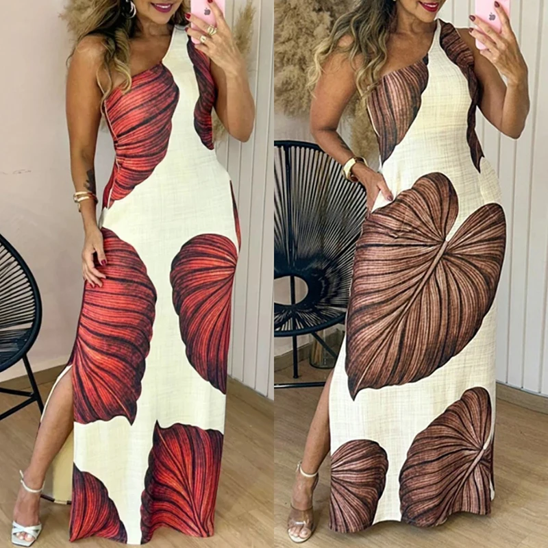 

Summer Sleeveless Bohemian Beach Dresses Women Sexy Diagonal Collar One Piece Party Dress Ladies Elegant Graphic Slim Long Dress