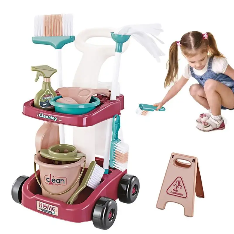 Simulation Cleaning Tool Cart Pretend Play Kids Toys Broom For Children Home Cleaning Hygiene Toys Vacuum Cleaner Broom Mop Set