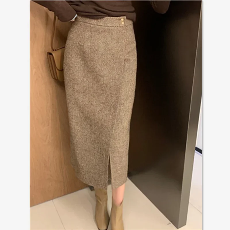 New Elegant Tweed Skirt Women Spring Autumn High Waist Slim Office Lady Split Slim Woolen Skirts Midi Faldas Small Fragrance