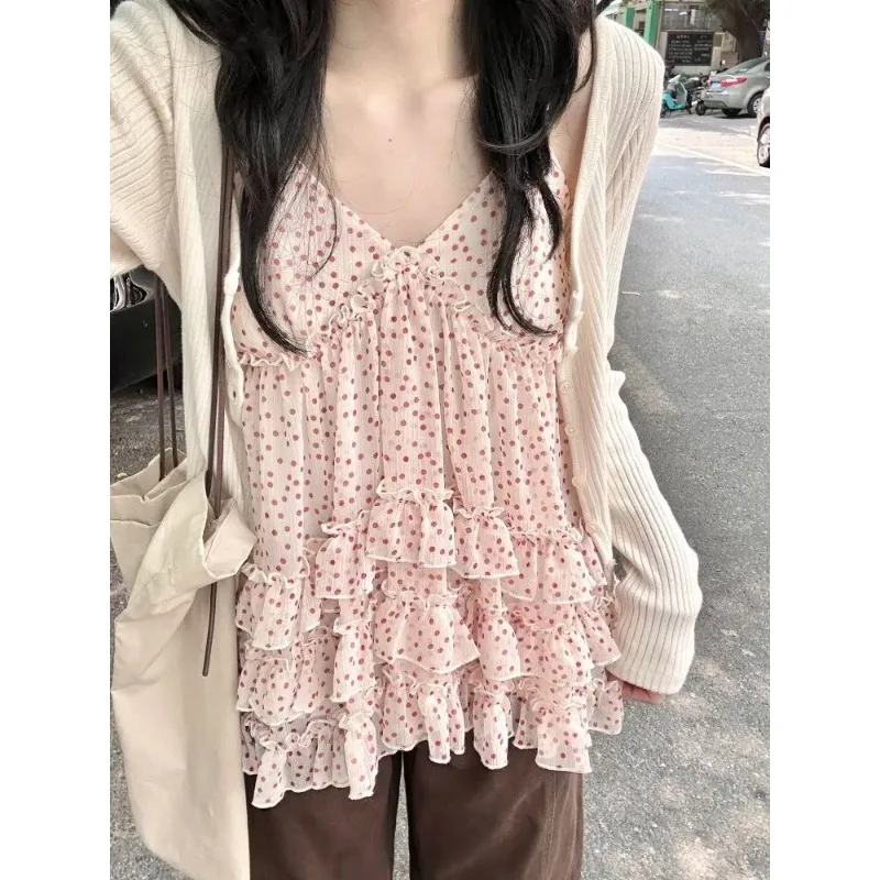 

Polka Dot Cami Top V-neck Tiered Ruffle Chiffon Loose Summer Camisole