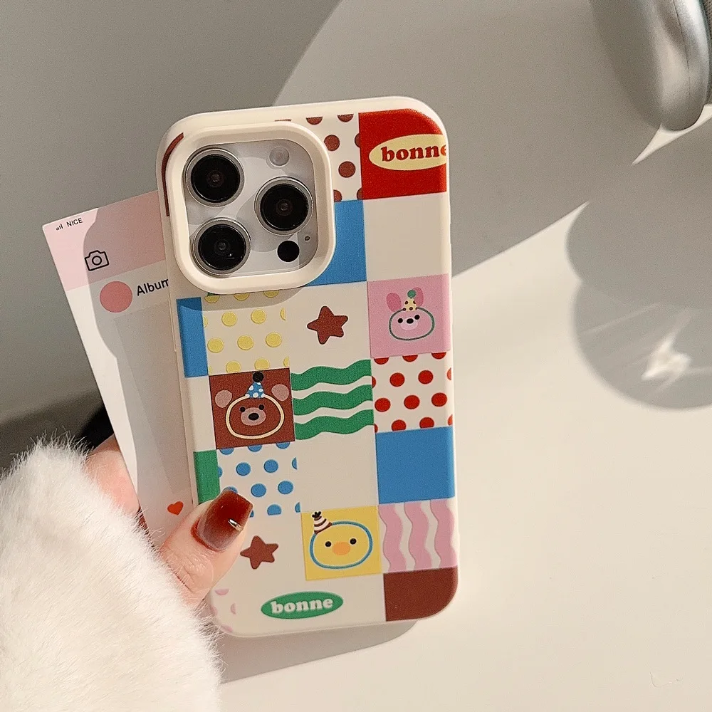 초콜릿 베어 핑크 토끼 줄무늬 도트 아트 휴대폰 케이스, 아이폰 16, 15, 14, 13, 12, 11 프로 맥스, 16 플러스 케이스, 귀여운 만화 소프트 커버