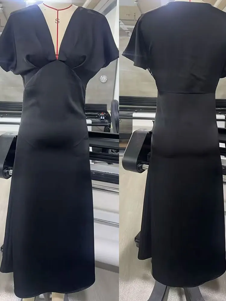 HH فستان صيفي نسائي عتيق من الساتان بأكمام قصيرة ورقبة على شكل حرف v مطوي مستقيم بيجامة نمط أنيق طويل فيستدوس #3