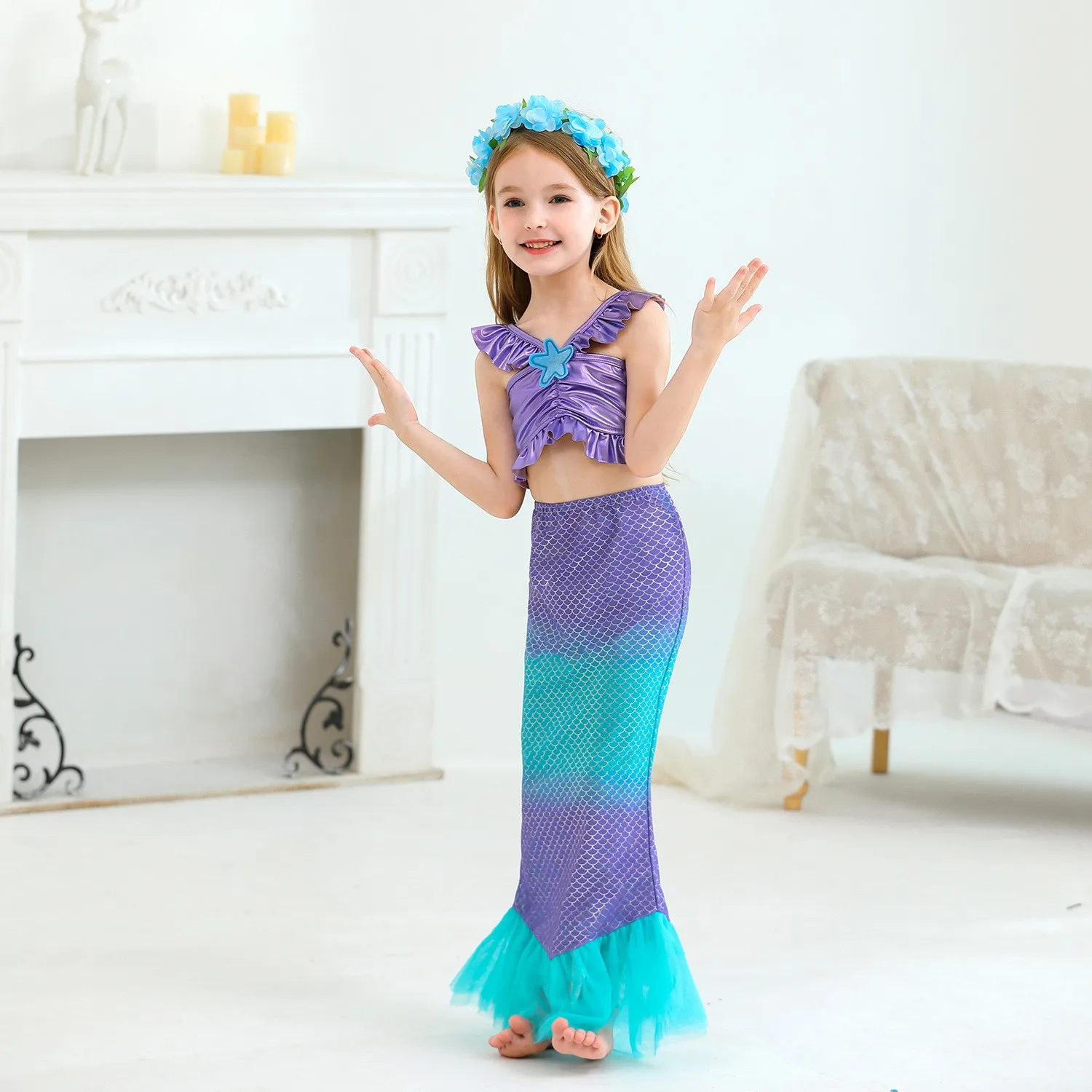 Disney Little Mermaid Ariel Princess Costume Cosplay Children Carnival Birthday Purple Sling Two Piece Set Princess Dresses