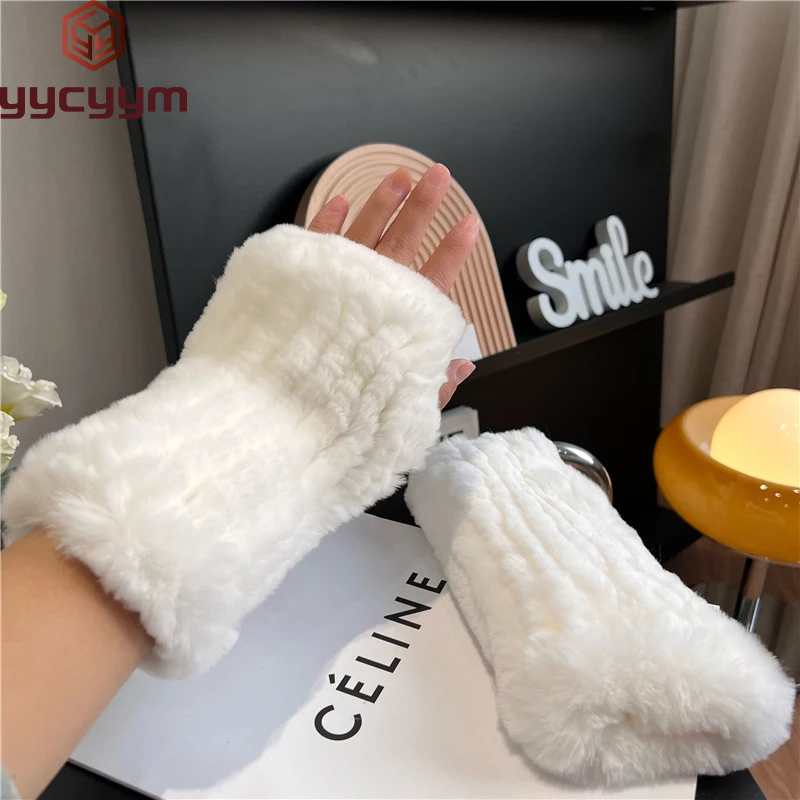 New Arrival Female Natural Rabbit Fur Gloves Knitted Warm Real Rex Rabbit Fur Mittens Women Winter Outdoor Rex Rabbit Fur Gloves