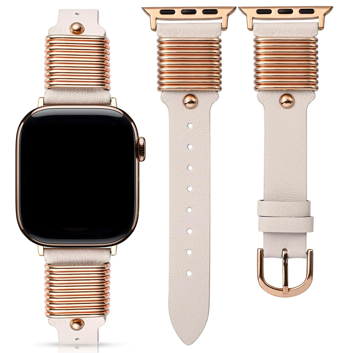 Apple Watch Series 9/8/7/6/4/3/2/1 /SE Metallring Lederarmbänder sind für 42 mm, 40 mm, 41 mm, 44 mm und 45 mm Damenarmbänder geeignet