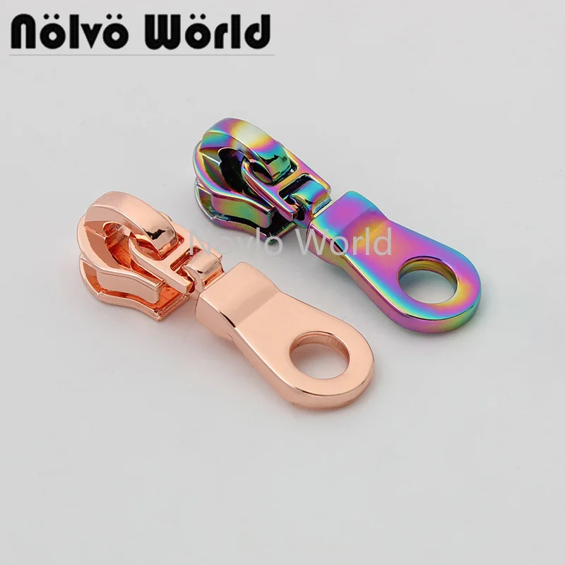 10-50pcs 2 colors 38*11mm 5# rose gold rainbow nylon head teeth zipper slider with puller for clothing purse and wholesale price