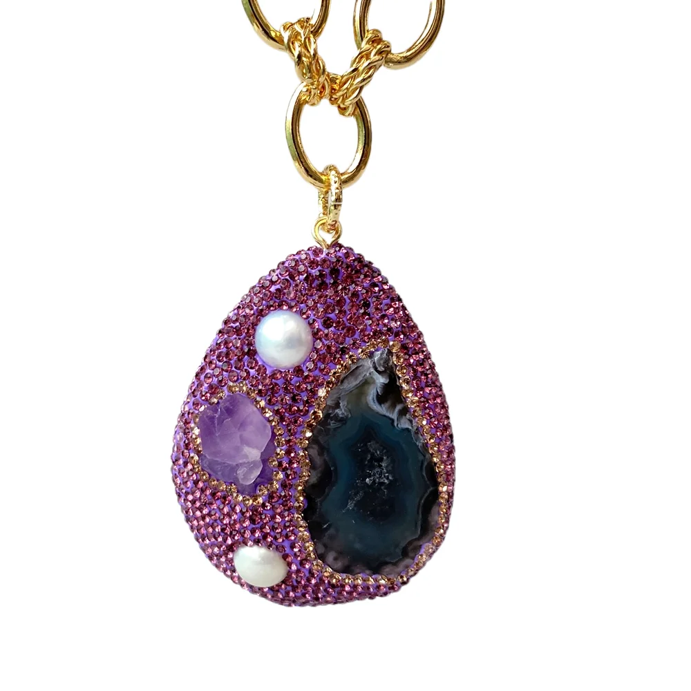 Y·YING Natural Purple Amethyst Rough white pearl agate Cluster Geode crystal pave pendant chain necklace 19