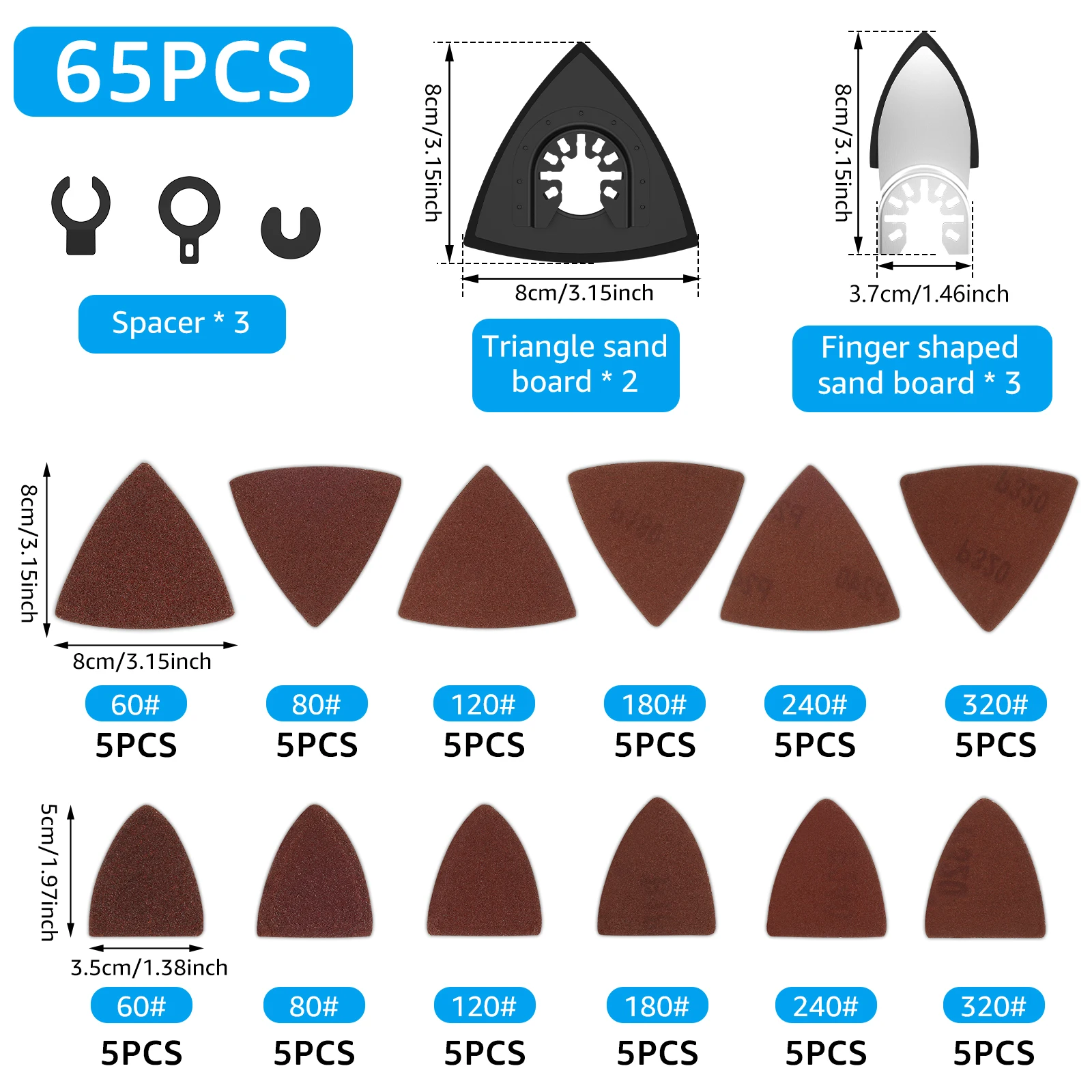 65Pcs Oscillating Tool Sanding Pads Kit Universal Hook and Loop Triangle Sanding Pad Multipurpose Triangle Sandpaper Assorted