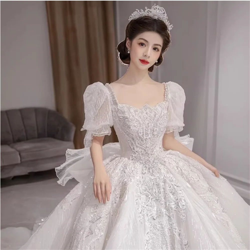 

Classic Sparkly Princess Ball Gown Bride Dresses Sweetheart Square Collar Beaded Wedding Dress For Women Sequins CustomizedA026