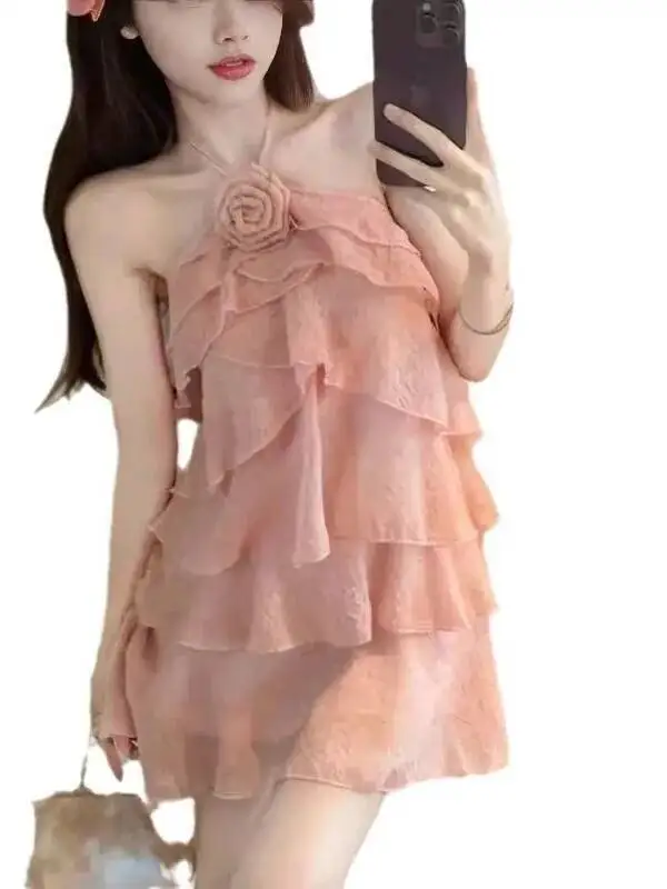 Pure Desire-vestido con cuello colgante y diseño de volantes para chica picante, vestido multicapa con flores y espalda descubierta, moda elegante y dulce 6YDL