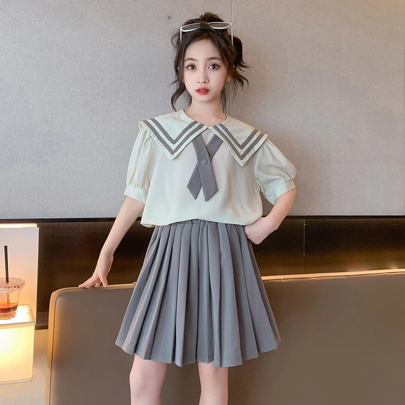 Summer Girls' Clothing Sets Primary School Student Uniform Lapel Short-Sleeved Shirt + Pleated Skirt Baby Suit Children Clothes