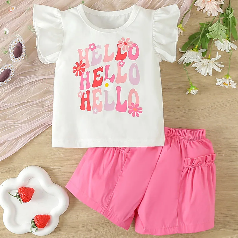 

Two Piece Set Summer Toddler Girl Clothes Korean Fashion Letter Print Sleeveless Cotton Pink Baby Tops+Shorts Kids Clothing B215