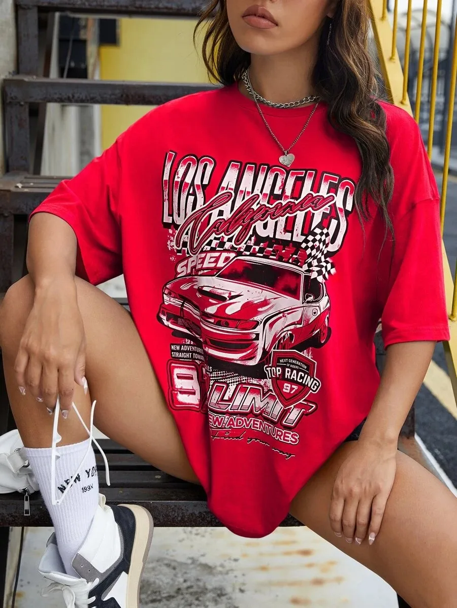 

Plus - Size Racing - themed “LOS ANGELES” Graphic Tee, Red Short - Sleeve