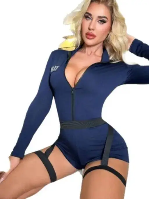 Nuevo mono Sexy de mujer policía, pantalones cortos, uniforme SM para club nocturno, mono envolvente de manga larga con cremallera, pantalones cortos a la cadera, encantador ZNOJ