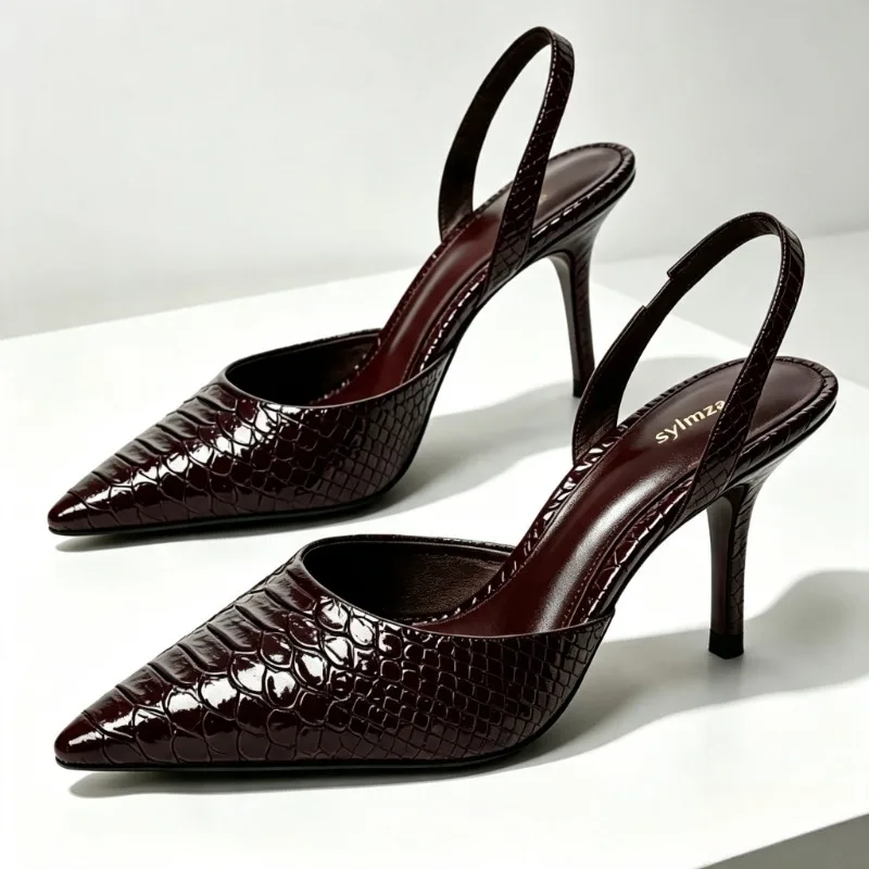 Unique Gloss Crocodile Grain Back-Strap High Heel Pumps for Ladies Fashion Pointed Toe Slip Sandals Luxury Brand Designer Shoes