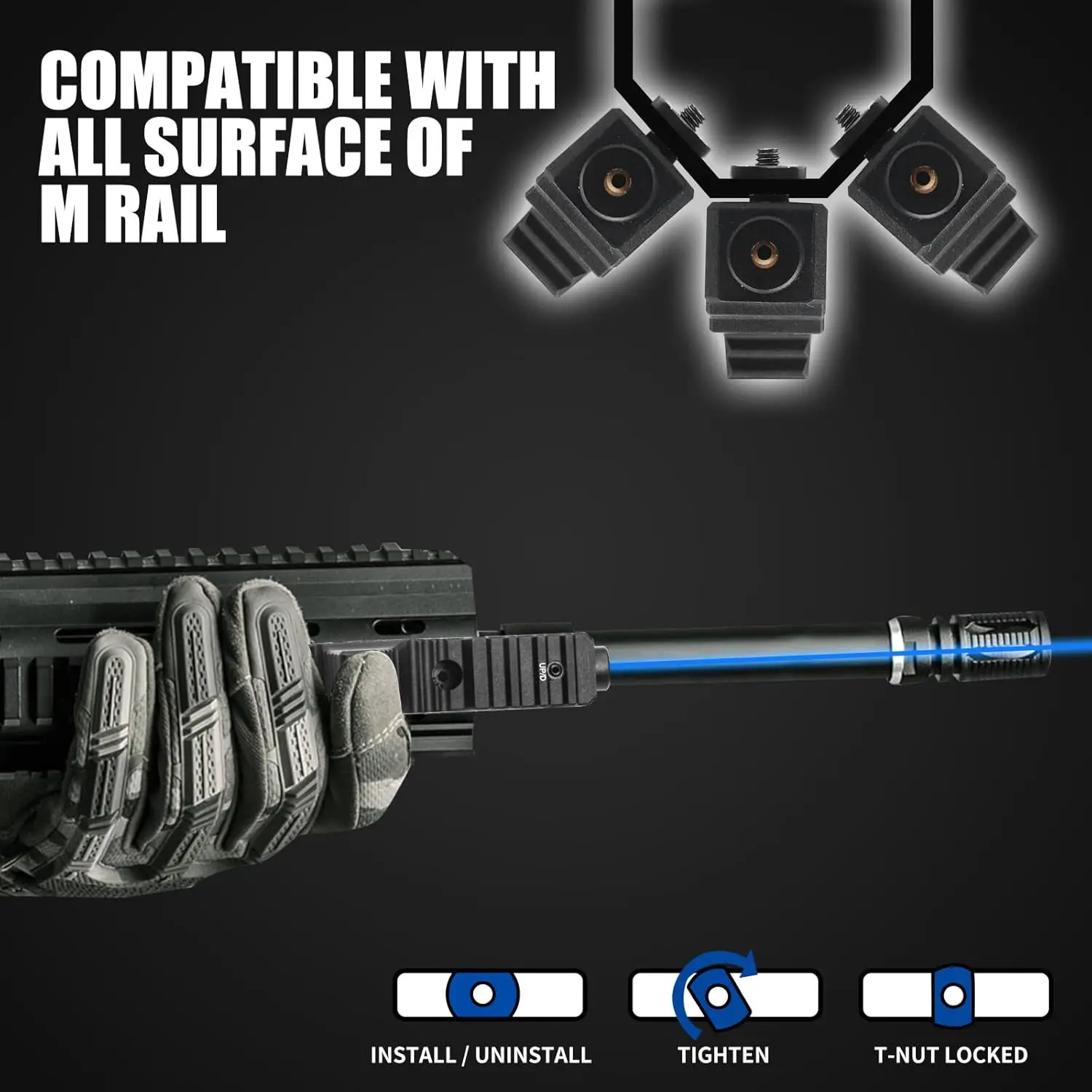 เลเซอร์สีน้ําเงิน (เอาต์พุตเลเซอร์ Class IIIA คือ 5mW) ระยะ 1.2 ไมล์พร้อมฟังก์ชัน Strobe Type-C ชาร์จใหม่ได้เข้ากันได้กับ M-Lok Rail