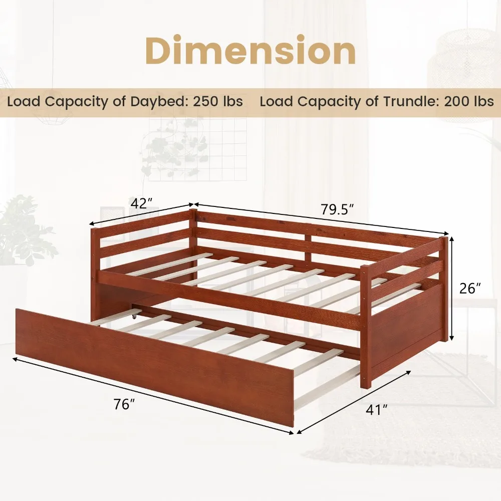 Twin Bed with Trundle, Wood Daybed Frame with Trundle, No Box Spring Needed Sofa Bed Frame, Twin Size Trundle Beds for