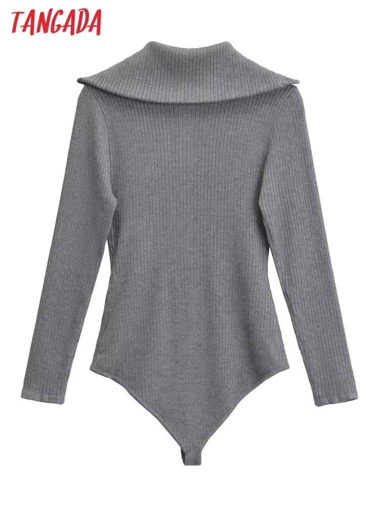 Tangada Women Gray Knitted Bodysuit Turtleneck Zipper Long Sleeve Female Overalls Bodysuits AI104