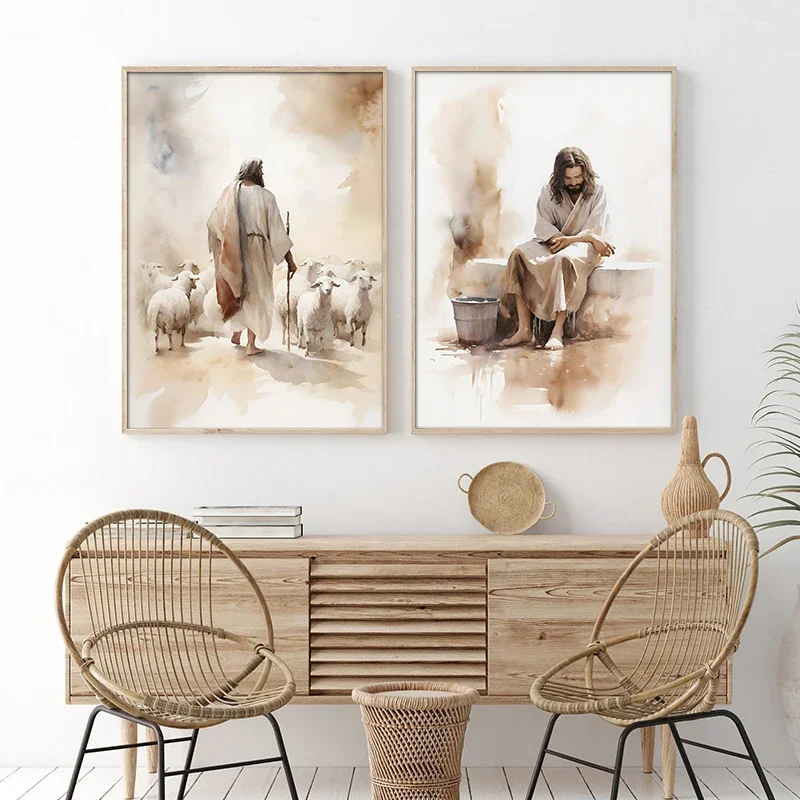 Bible Scenes Poster Jesus on The Path Teaching Child Walking on Water Canvas Paintings Wall Art HD Picture Home Decor Frameless
