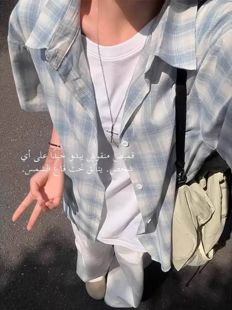 

Blue Plaid Summer Casual Loose Men's ort Sve irt f Sve Sun Protection Breathable Comfortable Youth Faion