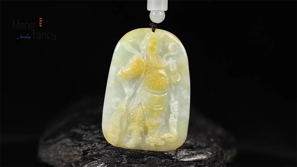 Natural A-goods Jadeite Wu Shen Guan Gong Jade Pendant Pendant Burnt Yellow Craft Glutinous Species Jade Pendant Men's Necklace