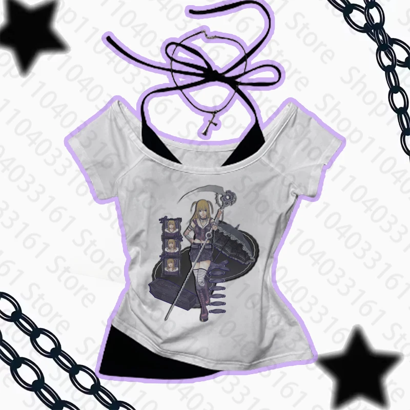 

2025 Summer Vintage Fake Two Piece Halter Lace Up T-shirts Y2k Slim Fit Print Tops Women Off Shoulder Short Sleeve Tee Shirt