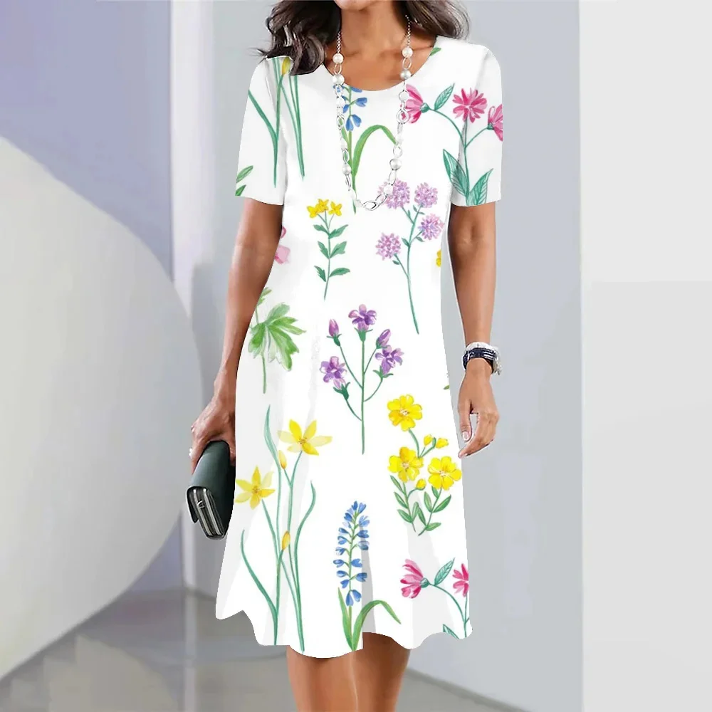 Vestido elegante con estampado de flores trituradas para mujer, ropa holgada de manga corta con cuello redondo para vacaciones de verano, 2024