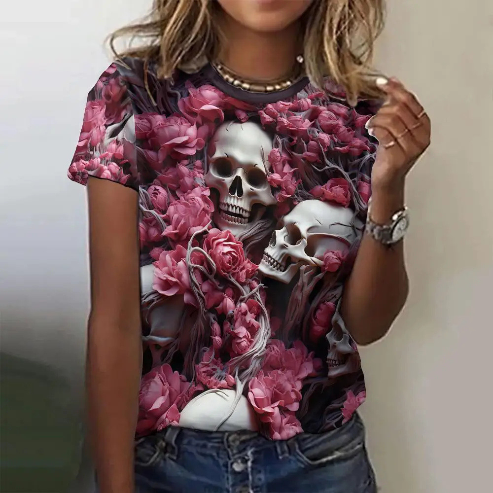 

Fashion Women's T-Shirts Flower Printing Top Casual Short Pullover Sleeved Oversize Round-Neck Tee Shirt Clothing Summer＆Spring