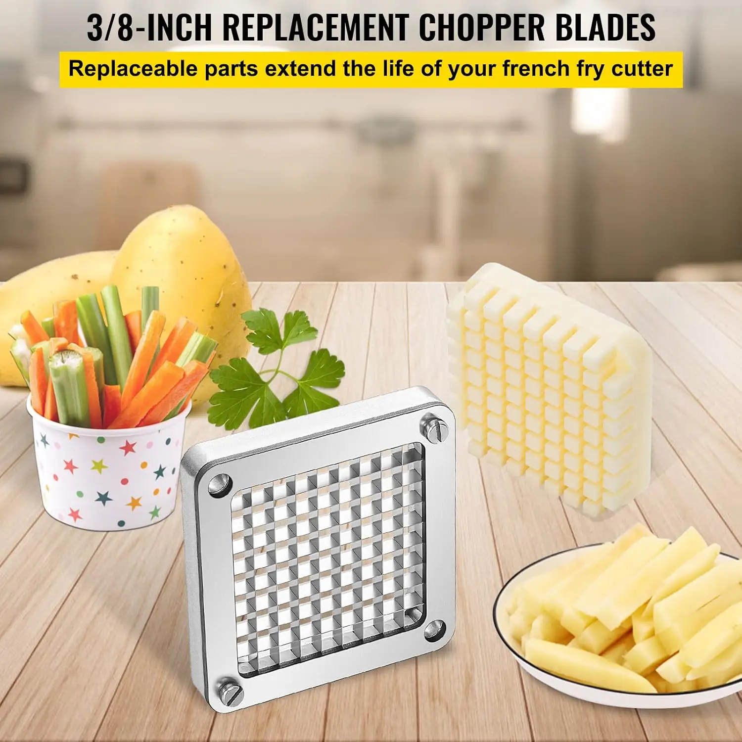 Replacement Chopper Blade, 3/8 inch, 3 PCS French Fry Blade Assembly with 6 Extra Knives, Stainless Steel Dicer Parts and Push B