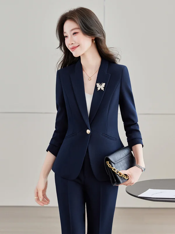Elegant Fitted Business Suit Set for Women Commute Interview Professional Workwear Polyester Fiber Long Sleeve  Color