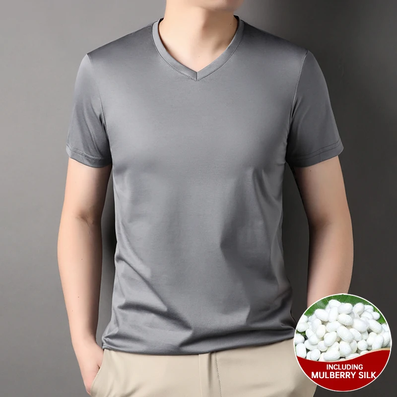 Top Grade 1.7% Mulberry Silk New Summer Brand Tops V Neck t Shirts For Men 2023 Short Sleeve Casual Fashion Mens Clothing