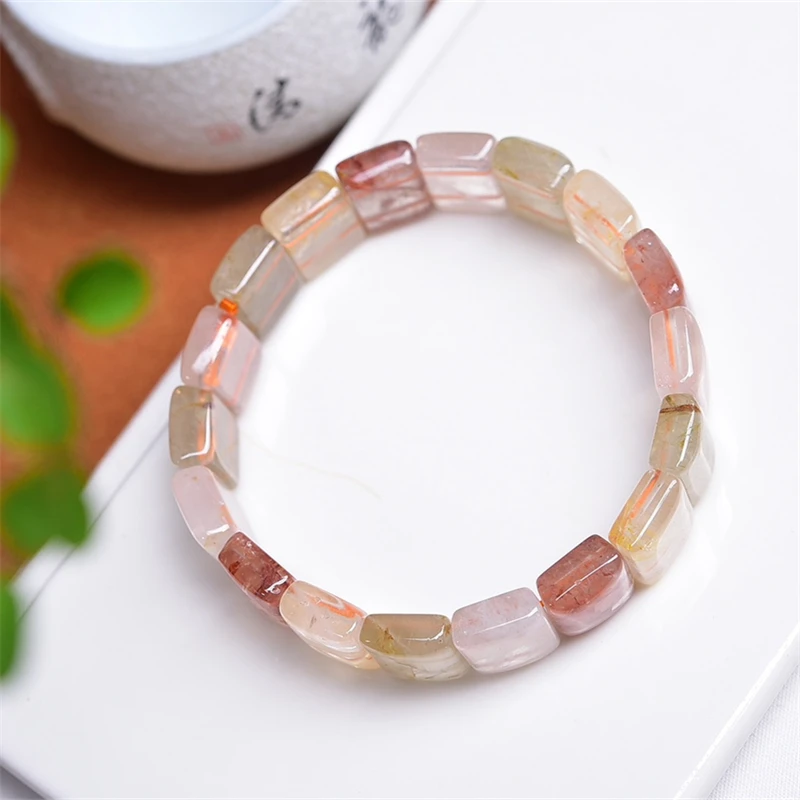 12X15MM Natural Colored Rutilated Quartz Bangle Women Men Handmade Stretch Rope Luxury Jewelry Energy Healing Gift 1PCS