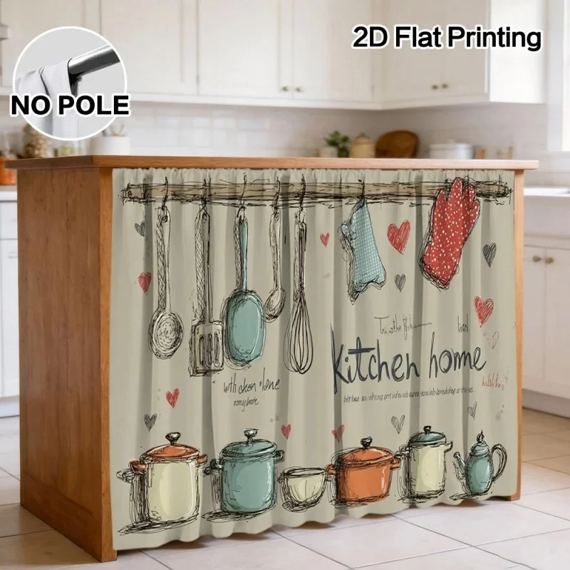 VIKAMA Kitchen Cabinet Curtain Sketch Kitchen Utensil Pot Print Dust‑Proof Short Curtain for Sink Counter Home Decor