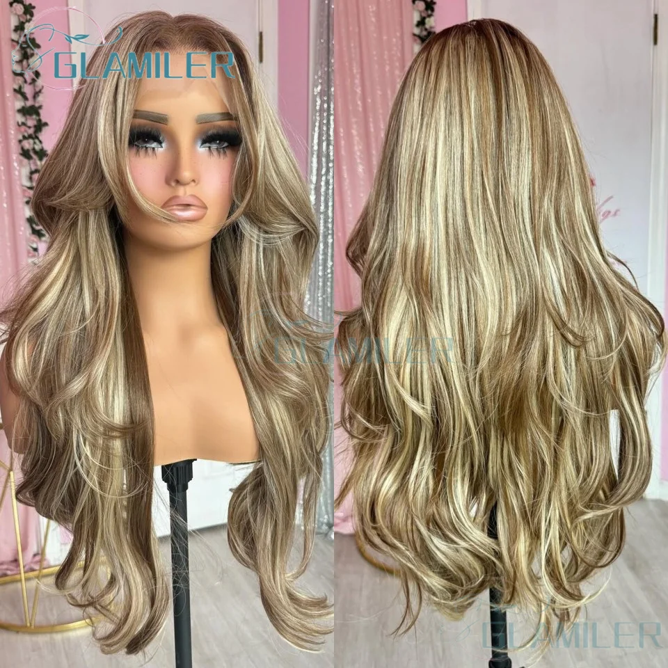 

Highlight Brown Blonde #613 Natural Wavy Human Hair 180 Density Full Lace Wigs 13x4 Light Blonde Lace Front Human Hair Wigs
